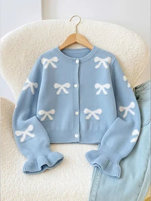 SHEIN YOUNG GIRLS 小女孩圓領開襟羊毛衫，藍色，蝴蝶結圖案，秋冬穿著 - 藍色 - 查看 6