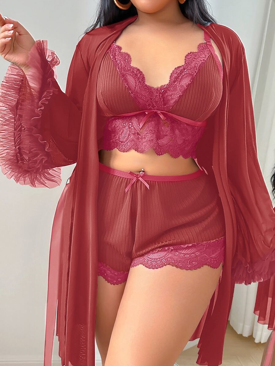 SHEIN 3pcs Set: Lace Trim Camisole Shorts + Floral Trim Wide Sleeve Mesh Robe, Plus Size - Hot Pink - View 1