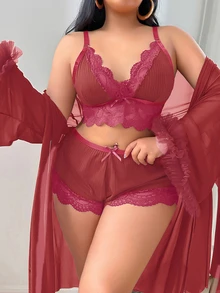 SHEIN 3pcs Set: Lace Trim Camisole Shorts + Floral Trim Wide Sleeve Mesh Robe, Plus Size - Hot Pink - View 5
