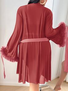 SHEIN 3pcs Set: Lace Trim Camisole Shorts + Floral Trim Wide Sleeve Mesh Robe, Plus Size - Hot Pink - View 2