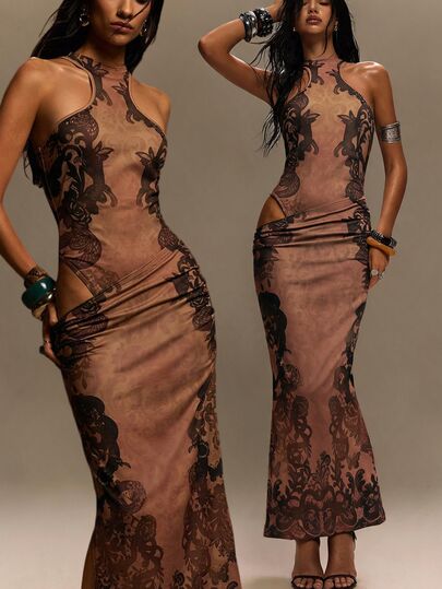 TypaGal Women's Summer Elegant Floral Print Hollow Out Slim Fit Dress Y2K Sexy Going Out Party Vacation Brown Luxury Formal Halloween