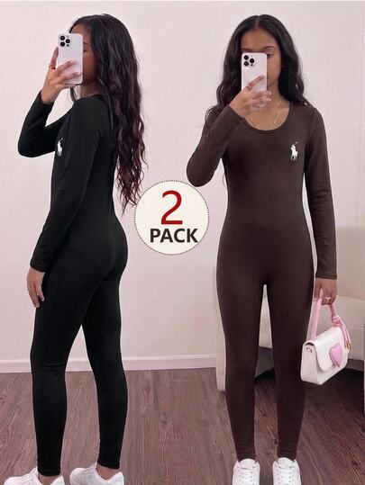 SHEIN بدلة رياضية ضيقة بياقة مربعة وأكمام طويلة للفتيات المراهقات، نمط راكب الخيل، أسود + لون القهوة، مجموعة من قطعتين، خريف/شتاء