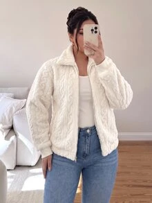 Lounesse Plus Size Women's Casual Simple Fluffy Long Sleeve Jacket,Winter Clothes Fall Autumn Fall/Winter - Beige - View 7