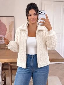 Lounesse Plus Size Women's Casual Simple Fluffy Long Sleeve Jacket,Winter Clothes Fall Autumn Fall/Winter - Beige - View 6