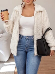 Lounesse Plus Size Women's Casual Simple Fluffy Long Sleeve Jacket,Winter Clothes Fall Autumn Fall/Winter - Beige - View 3