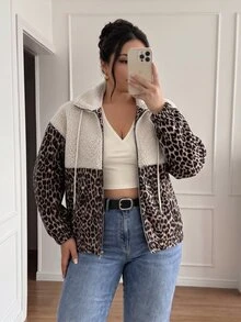 Lounesse 大码女式面料拼布设计豹纹宽松休闲时尚夹克 - 彩色 - 查看 3