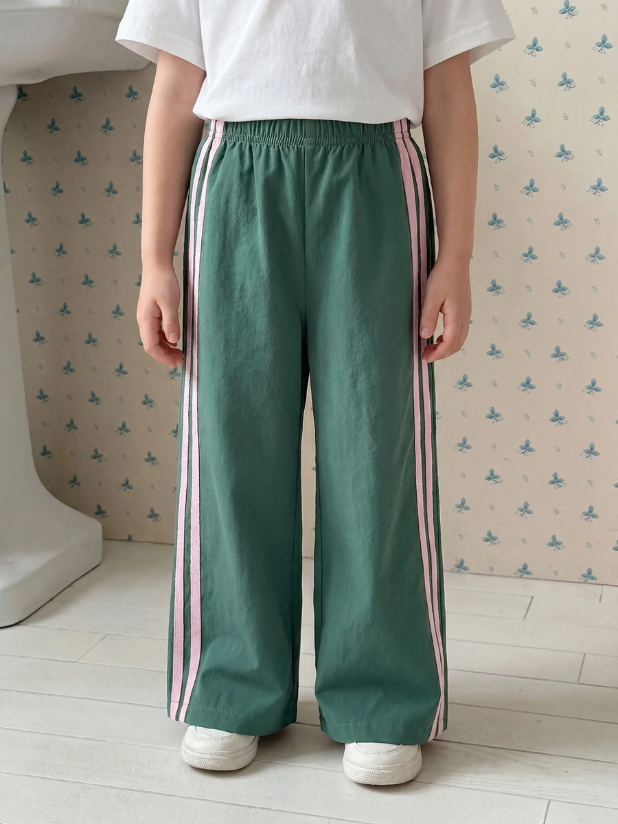 Genkimix Kids Young Girl Casual Versatile Colorblock Striped Pants Autumn Fall - Green - View 1