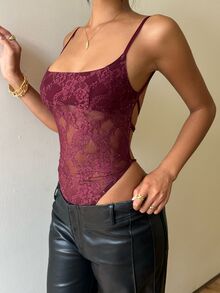 Aloruh Purple Lace Shiny Effect Sexy Backless Bodysuit For Date Summer Beach Outfits For Woman Beach Vacation Boho Tropical Burgundy Lace Bodysuit With Subtle Sequin Shimmer - Purple - View 6