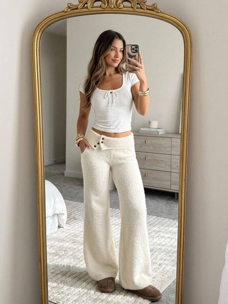 CovetEZ Women's Autumn/Winter Casual Solid Color Knitted Long Pants - White - View 3
