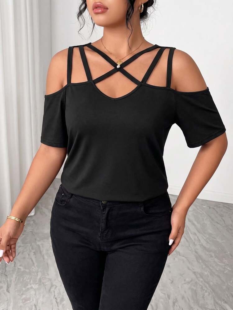 EMERY ROSE Plus Size Soft Knit Criss-Cross Strap Simple Loose Short Sleeve Drop Shoulder Casual Outdoor Vacation Commuting T-Shirt - Black - View 9