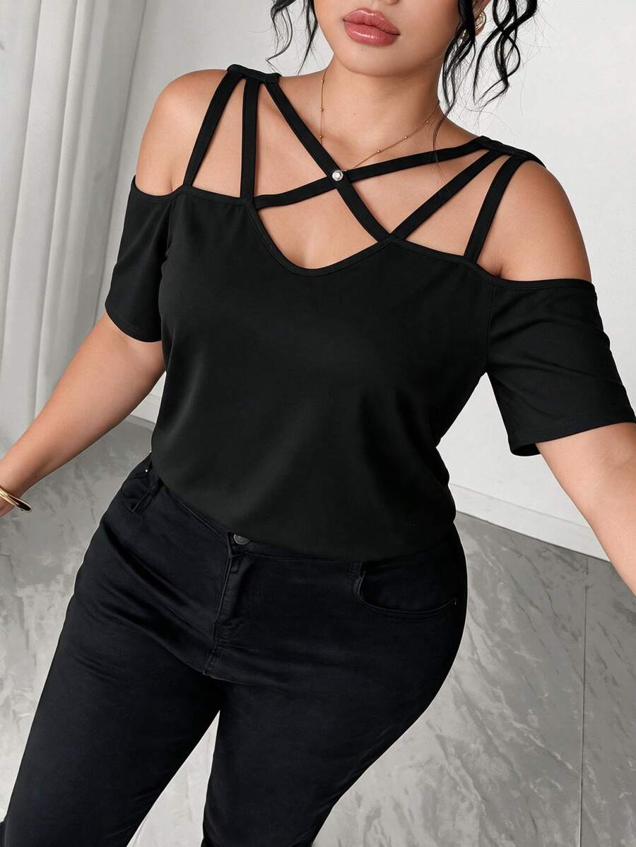 EMERY ROSE 大码柔软针织交叉带简约宽松短袖落肩休闲户外度假通勤 T 恤 - 黑色 - 查看 1