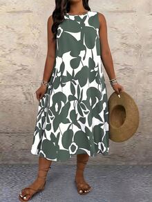 EMERY ROSE Plus Size Women Vacation Floral Print Contrast Color Sleeveless Dress, Beach - Green - View 5