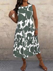EMERY ROSE Plus Size Women Vacation Floral Print Contrast Color Sleeveless Dress, Beach - Green - View 4