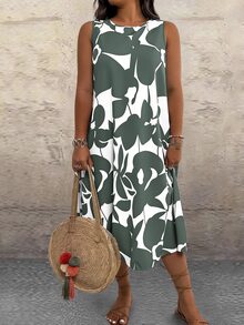 EMERY ROSE Plus Size Women Vacation Floral Print Contrast Color Sleeveless Dress, Beach - Green - View 3