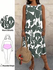 EMERY ROSE Plus Size Women Vacation Floral Print Contrast Color Sleeveless Dress, Beach - Green - View 1