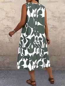 EMERY ROSE Plus Size Women Vacation Floral Print Contrast Color Sleeveless Dress, Beach - Green - View 2