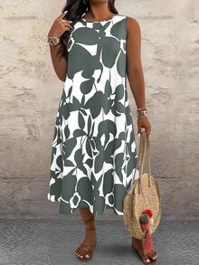 EMERY ROSE Plus Size Women Vacation Floral Print Contrast Color Sleeveless Dress, Beach - Green - View 6