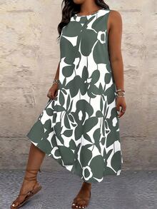 EMERY ROSE Plus Size Women Vacation Floral Print Contrast Color Sleeveless Dress, Beach - Green - View 7