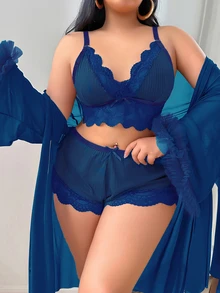 SHEIN 3pcs Set: Lace Splice Sexy Camisole Shorts + 3D Floral Trim Loose Mesh Robe, Plus Size - Royal Blue - View 4
