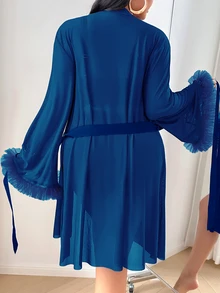 SHEIN 3pcs Set: Lace Splice Sexy Camisole Shorts + 3D Floral Trim Loose Mesh Robe, Plus Size - Royal Blue - View 2