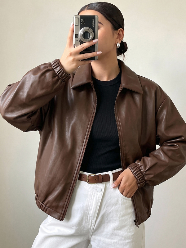 SHEIN Autumn/Winter Teen Girls' Solid Color Loose Fit Jacket, Textured PU Fabric With Natural Premium Gloss, Versatile Solid Design, Suitable For Daily Outings, Campus & Commuting, Easily Create A Youthful Look