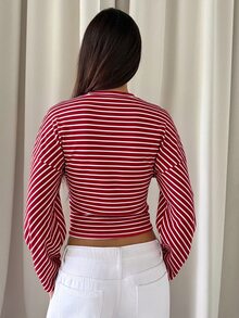Aloruh 女款秋冬休閒寬鬆上衣搭配修身下身條紋T恤 - 彩色 - 查看 2