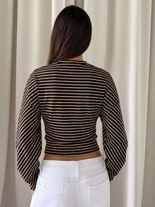 Aloruh 女款休閒寬鬆上身緊身下身條紋T恤，秋冬款 - 彩色 - 查看 2