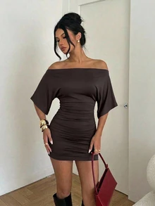 Aloruh Women's Autumn New Purple-Red Elegant Sexy Cute Fashionable Casual Commute Lazy Street Romantic Date Batwing Sleeve Waist-Cinching Ruched Bodycon Mini Dress - Coffee Brown - View 3