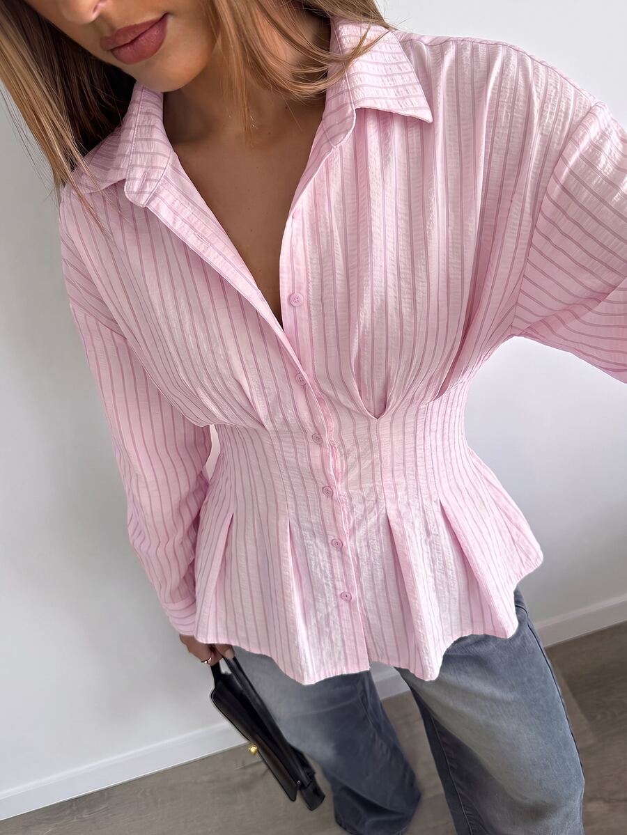 Aloruh Women's Autumn/Winter New Solid Pink Casual Business Loose Waist-Cinching Pleated Stand Collar Long Sleeve Blouse - Baby Pink - View 1