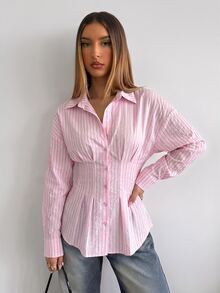 Aloruh Women's Autumn/Winter New Solid Pink Casual Business Loose Waist-Cinching Pleated Stand Collar Long Sleeve Blouse - Baby Pink - View 3