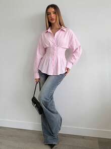 Aloruh Women's Autumn/Winter New Solid Pink Casual Business Loose Waist-Cinching Pleated Stand Collar Long Sleeve Blouse - Baby Pink - View 6