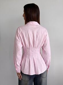 Aloruh Women's Autumn/Winter New Solid Pink Casual Business Loose Waist-Cinching Pleated Stand Collar Long Sleeve Blouse - Baby Pink - View 2