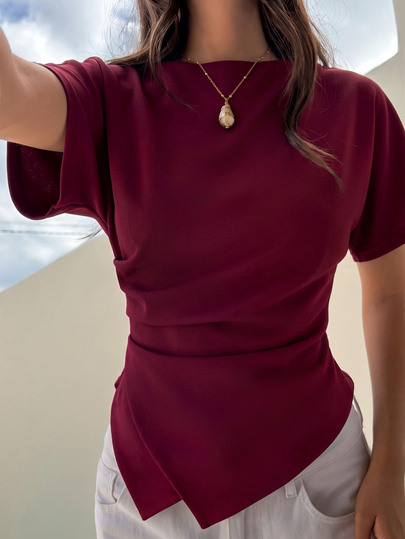 Aloruh Women's Elegant Boat Neck Batwing Sleeve Asymmetrical Hem Silhouette Pullover T-Shirt, Casual Daily Commuter Top