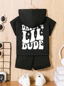 SHEIN Baby Boys Casual Minimalist Short Sleeve Hooded Cartoon Graphic Shorts Set, Suitable For Spring And Summer - Black - View 2