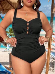 Swim Vcay Traje de baño de una pieza para mujeres de talla grande con cuello cuadrado y control de abdomen, de tela acanalada de unicolor, traje de baño sencillo para uso diario, para vacaciones de verano en la playa - Negro - Ver 3