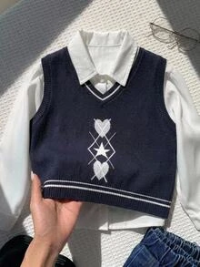 小男孩愛心圖案V領休閒針織背心套衫 - 藏蓝色 - 查看 7