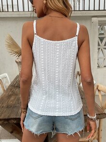 EMERY ROSE 1pc Women's Fashion Hollow Jacquard Textured Bohemian Style Button Strap Cami Top - White - View 2