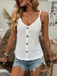 EMERY ROSE 1pc Women's Fashion Hollow Jacquard Textured Bohemian Style Button Strap Cami Top - White - View 5