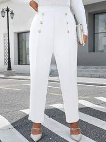 SHEIN Unity Plus Size Double Row Metal Decor Elegant Casual Pants - White - View 4