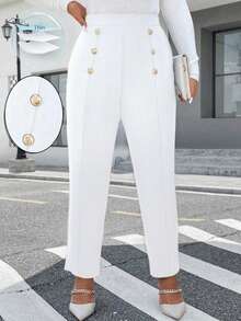 SHEIN Unity Plus Size Double Row Metal Decor Elegant Casual Pants - White - View 8