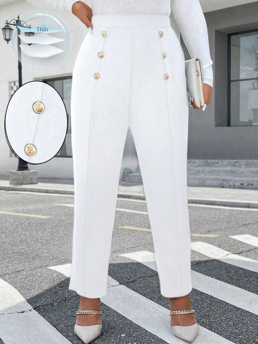 SHEIN Unity Plus Size Double Row Metal Decor Elegant Casual Pants - White - View 1