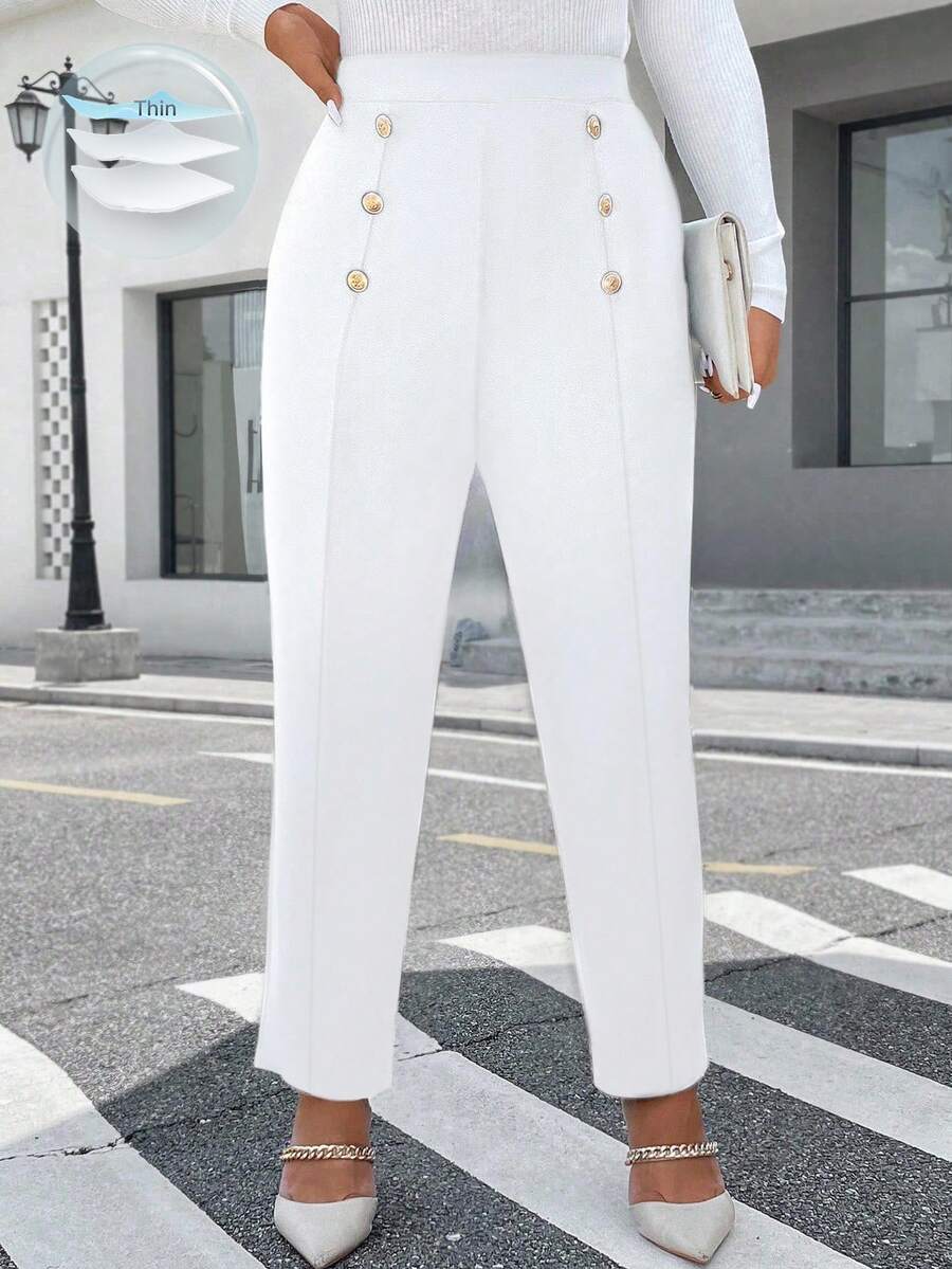 SHEIN Unity Plus Size Double Row Metal Decor Elegant Casual Pants - White - View 1