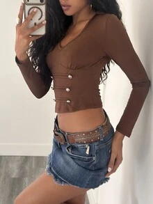 SHEIN Jeanoir Spring Autumn Winter American Style Hot Girl V-Neck Workwear Collar Metal Button Knit Top Sexy Slim Fit Flattering Coffee Color Knit Long Sleeve Base Layer T-Shirt For Women - Coffee Brown - View 5