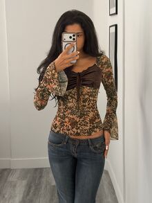 SHEIN Jeanoir Camiseta de mujer con estampado vintage, bloques de color en malla, cuello cuadrado y mangas acampanadas, top ajustado sexy y versátil que estiliza la figura para primavera y otoño, multicolor - Multicolor - Ver 5