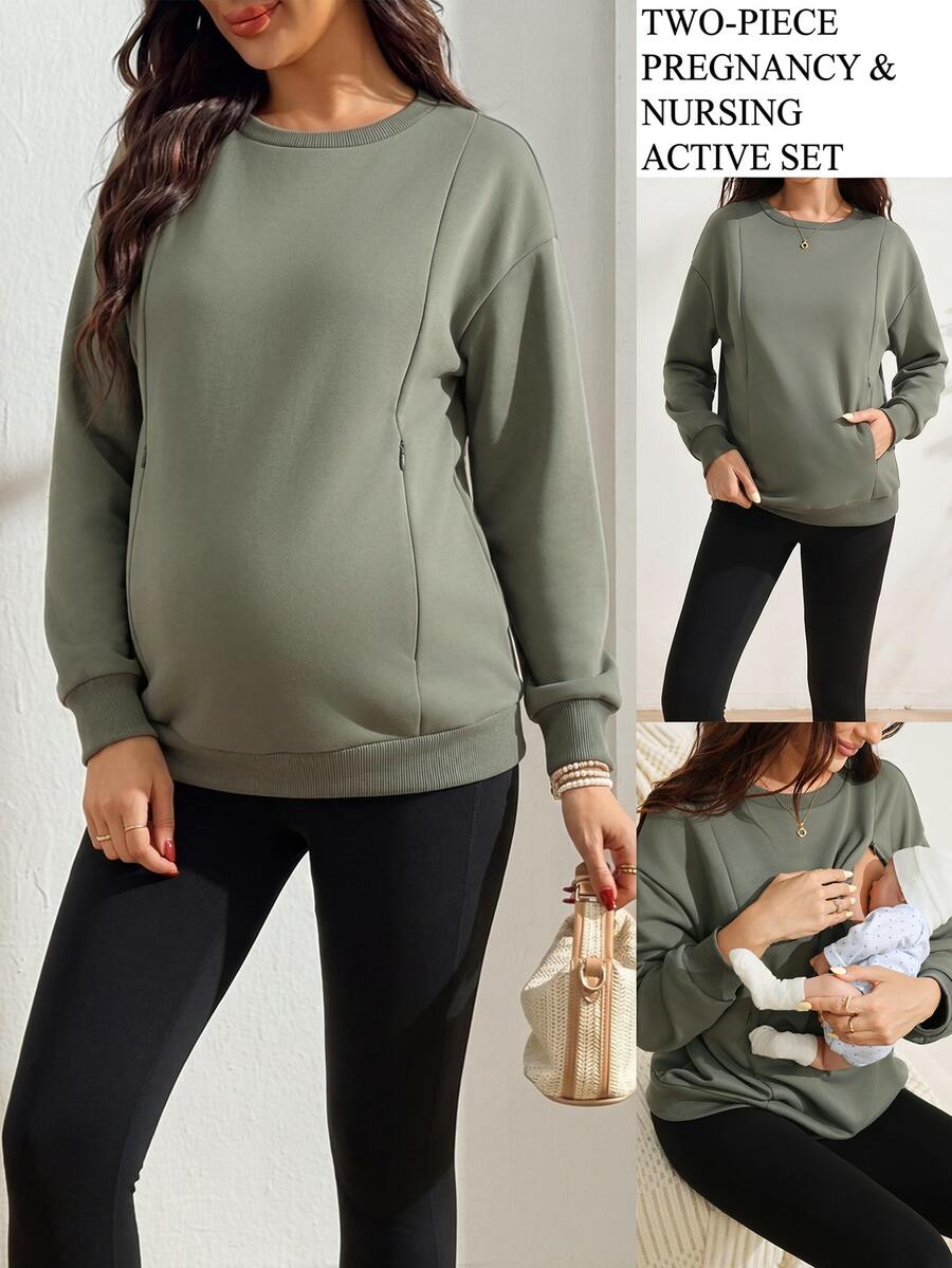 SHEIN Maternity Sweatshirt Long Sleeve Crew Neck Nursing Ribbed Olive Green Formal Baggy Autumn Casual Soft Form Family Vacation Going Out Winter - Green - View 1