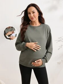 SHEIN Maternity Sweatshirt Long Sleeve Crew Neck Nursing Ribbed Olive Green Formal Baggy Autumn Casual Soft Form Family Vacation Going Out Winter - Green - View 8