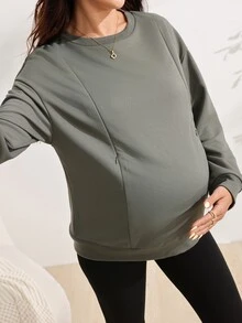 SHEIN Maternity Sweatshirt Long Sleeve Crew Neck Nursing Ribbed Olive Green Formal Baggy Autumn Casual Soft Form Family Vacation Going Out Winter - Green - View 6