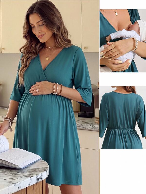 SHEIN Dark Green Modal Maternity Nursing Dress, Cross V-Neck Convenient Breastfeeding Opening, Batwing Mid-Sleeves, Elastic Waist Gathered Hem, Slit Skirt, Comfortable Maternity Sleepwear For Pregnancy, Labor And Postpartum Home
