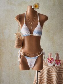 SHEIN ICON Women's Summer Beach Striped Halter Tie Sexy Bikini Set - Multicolor - View 10