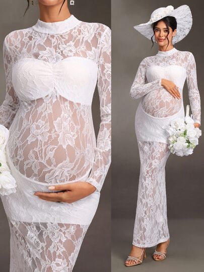 Cheriluna Maternity Maternity Dress Photoshoot Party Formal Elegant Long Sleeve High Neck Cup Design Fitted Mermaid Hem Lace Wedding Floral White Autumn